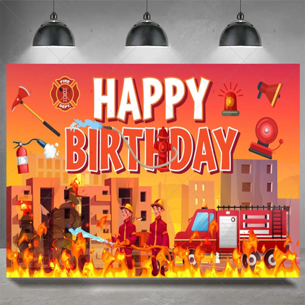 Firefighter Firetruck Theme BackgroundRed Fire Truck Children Boy Birthday Party Decor Baby Shower Photography Backdrop Props