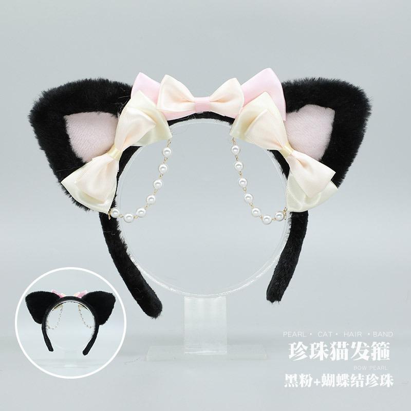 Lolita Hair Accessories Pearl Cat Ear Headband a Handmade Fashion Accessory Bow Pearl Headgear Hair Accessories
