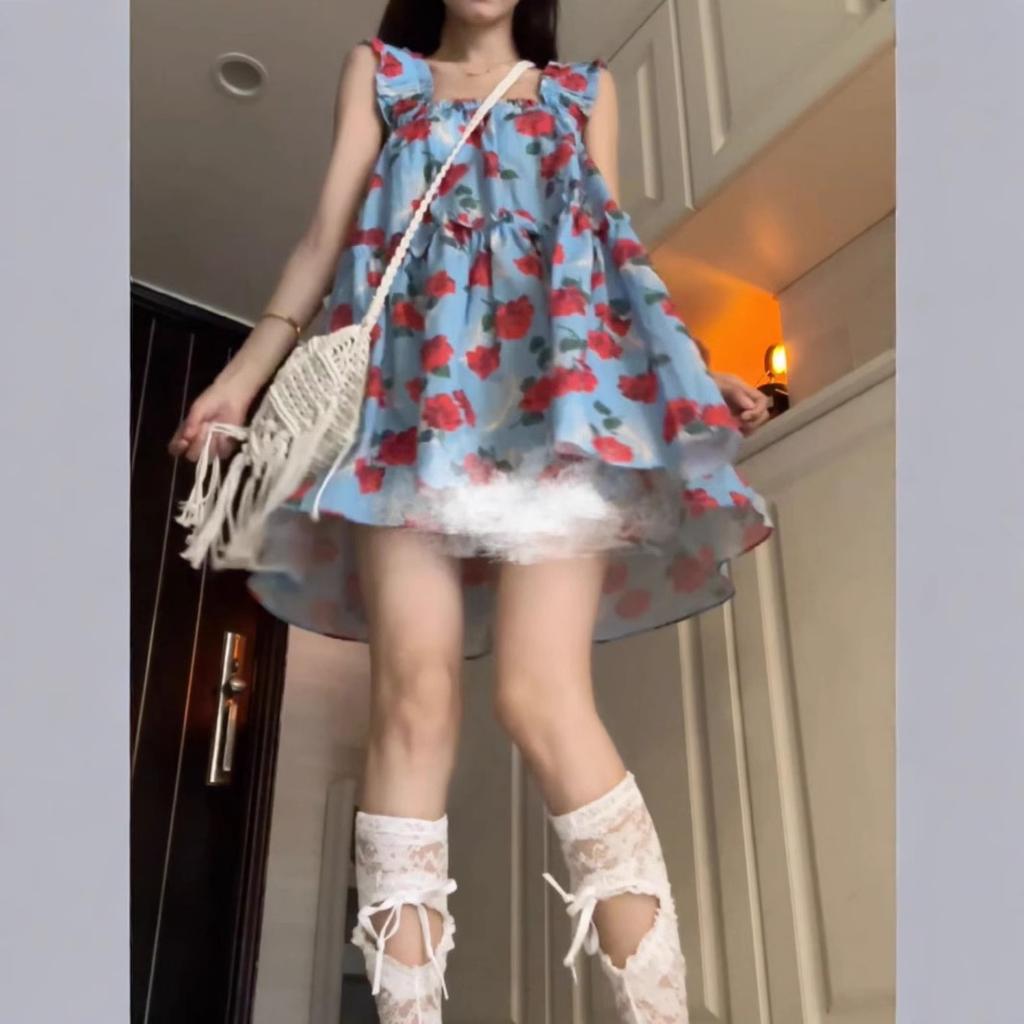Retro fungus edge floral dress suspender dress women's summer loose and thin seaside vacation wind sweet short skirt