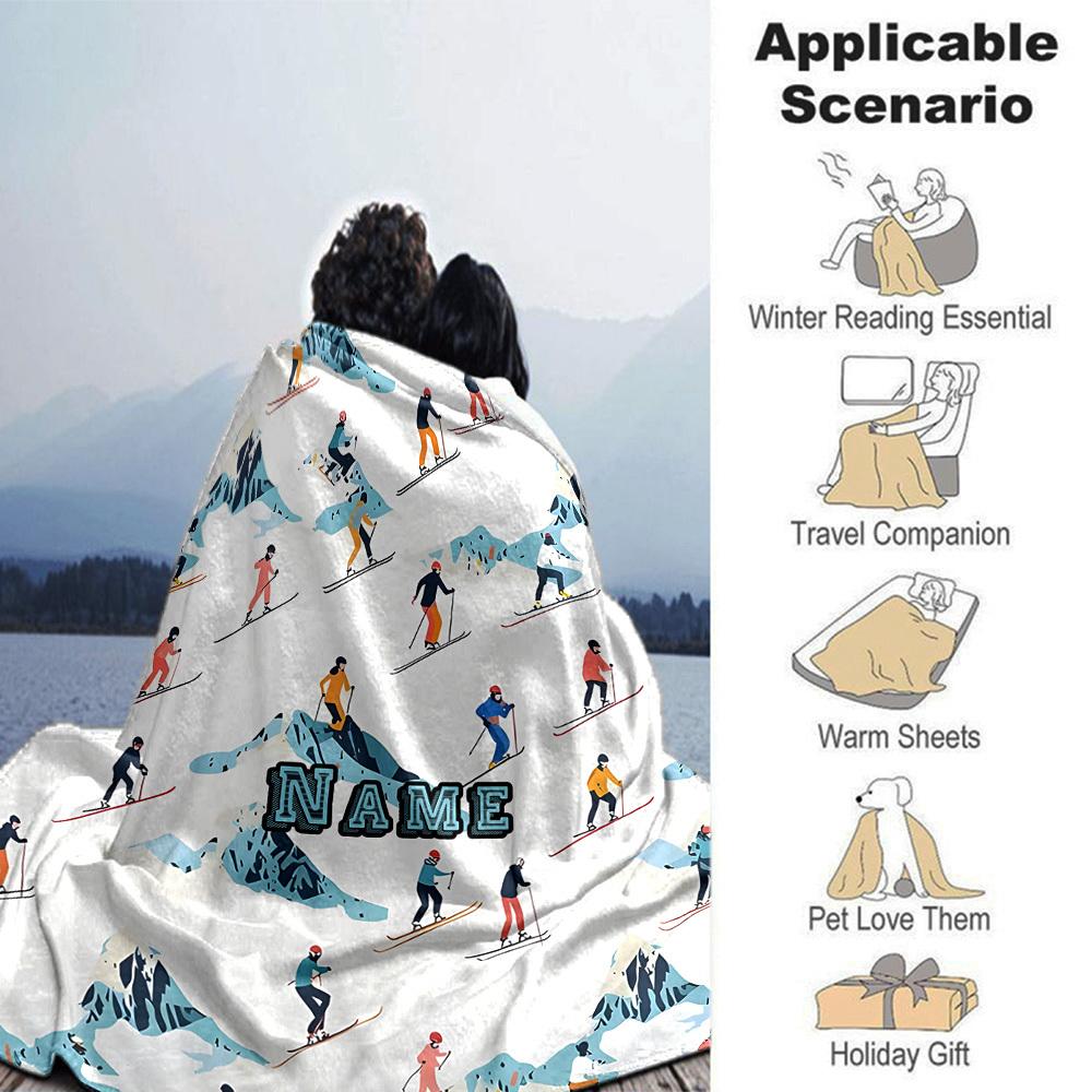 Skiing Adventure On Snowy Peaks With Skiers Multipurpose Personalized Text Comfortable Versatile For Sofa Couch Office Bed Picnics Ideal For All