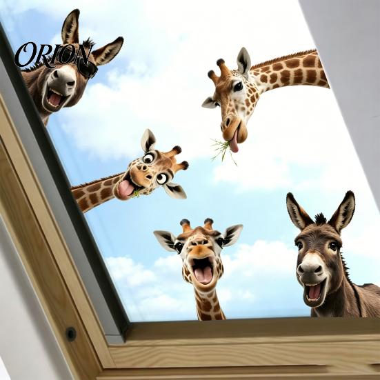 Non Adhesive Window Stickers for Home Funny Giraffe Donkey Static Cling, Removable Farm Animal Glass Customizable Size Decal Kitchen Guest Room, Cute