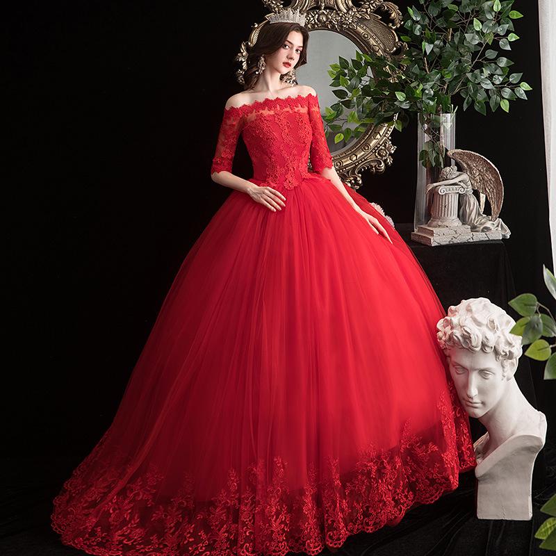 2025 Red Off-Shoulder Floor-Length Wedding Dress - Plus Size, Slimming Princess Style for Spring/Summer
