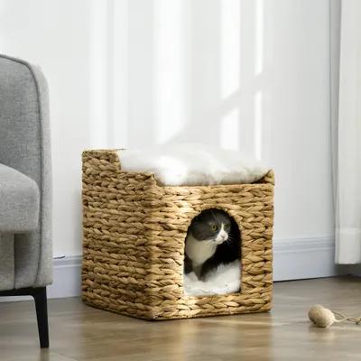 Zatte Two-Level Rattan Cat Hideaway with Cushion, Brown, Pet Capacity 5 kg