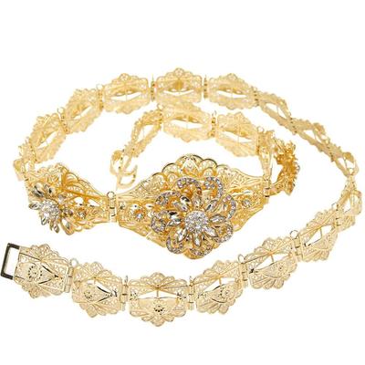 Cinto de cor dourada para mulheres, joias de casamento com flores de cristal, comprimento ajustável, corrente de cintura