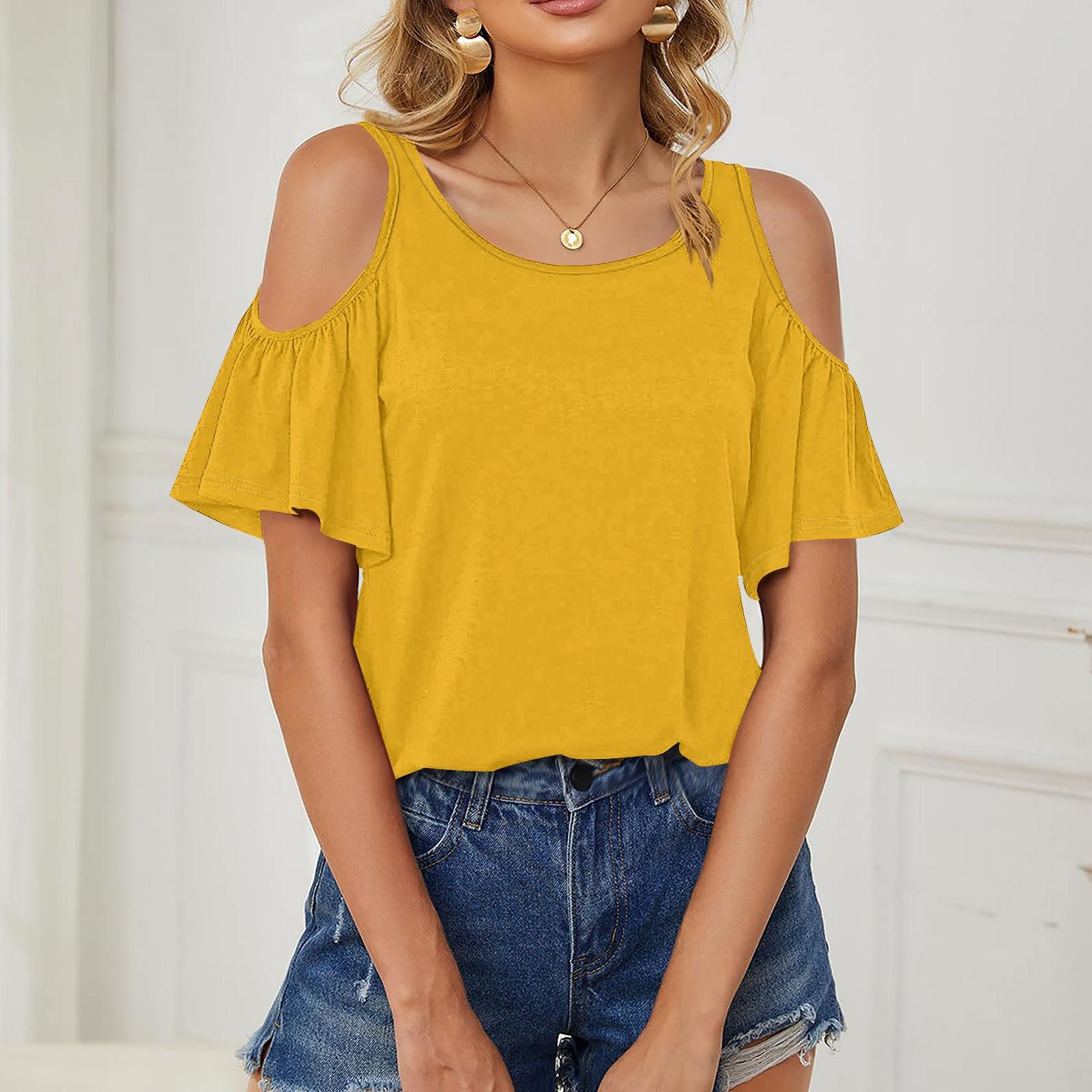 

Женская повседневная дышащая футболка со свободными плечами и короткими рукавами с рюшами и рукавами XL жёлтый