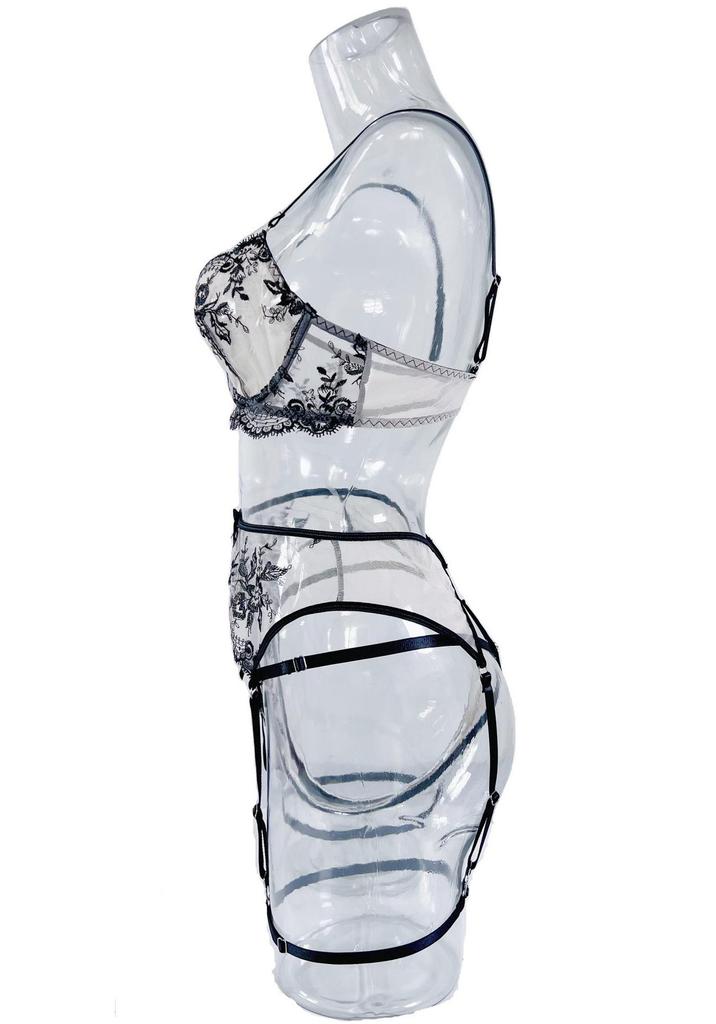 European & American Women's Sexy Embroidered Mesh Lingerie Garter Set