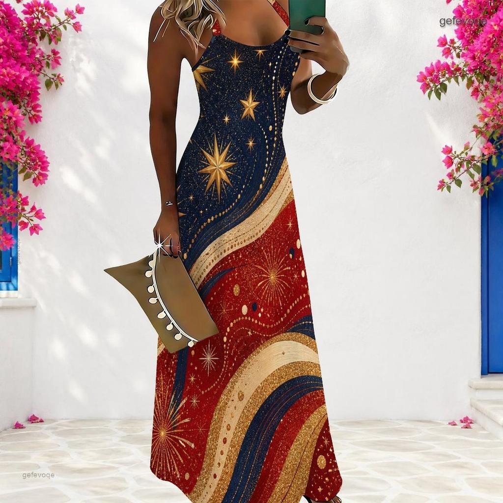 Women Plus Size Scoop Neck Strappy Sleeveless A Line White Red Printed Maxi Dress