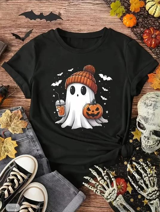 Fashion Women Retro Creative Ghost Print T Shirt Funny Casual O-neck Short Sleeves T-shirt Summer Female Tee Shirt Halloween Limited Edition