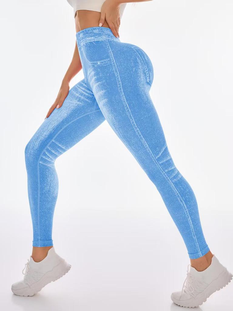 Nahtlose High-Waist Po-Lifting Yoga-Hose für Damen - Schnelltrocknend, Schlankmachend, Enganliegend im Denim-Stil für Laufen & Fitness