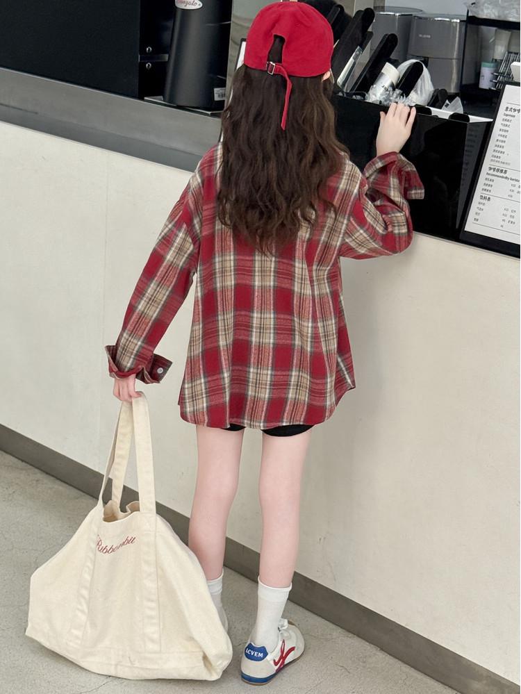 Girls' Plaid Long-Sleeve Shirt Jacket for Autumn 2025 - Fashionable Spring Top for Big Kids