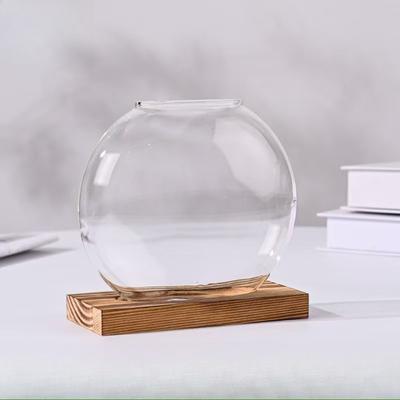 Creative Wooden Base Glass Vase, Green Ivy Plant Transparent Flowerpot, Home Decoration, Office Desktop Display Item