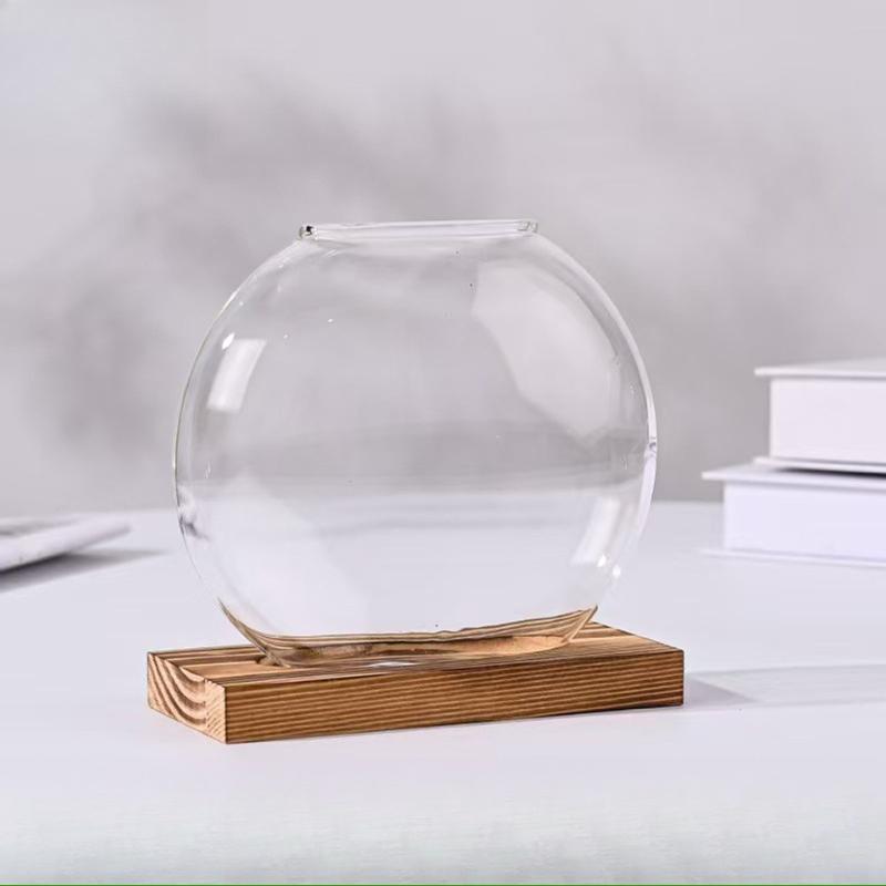 Creative Wooden Base Glass Vase, Green Ivy Plant Transparent Flowerpot, Home Decoration, Office Desktop Display Item