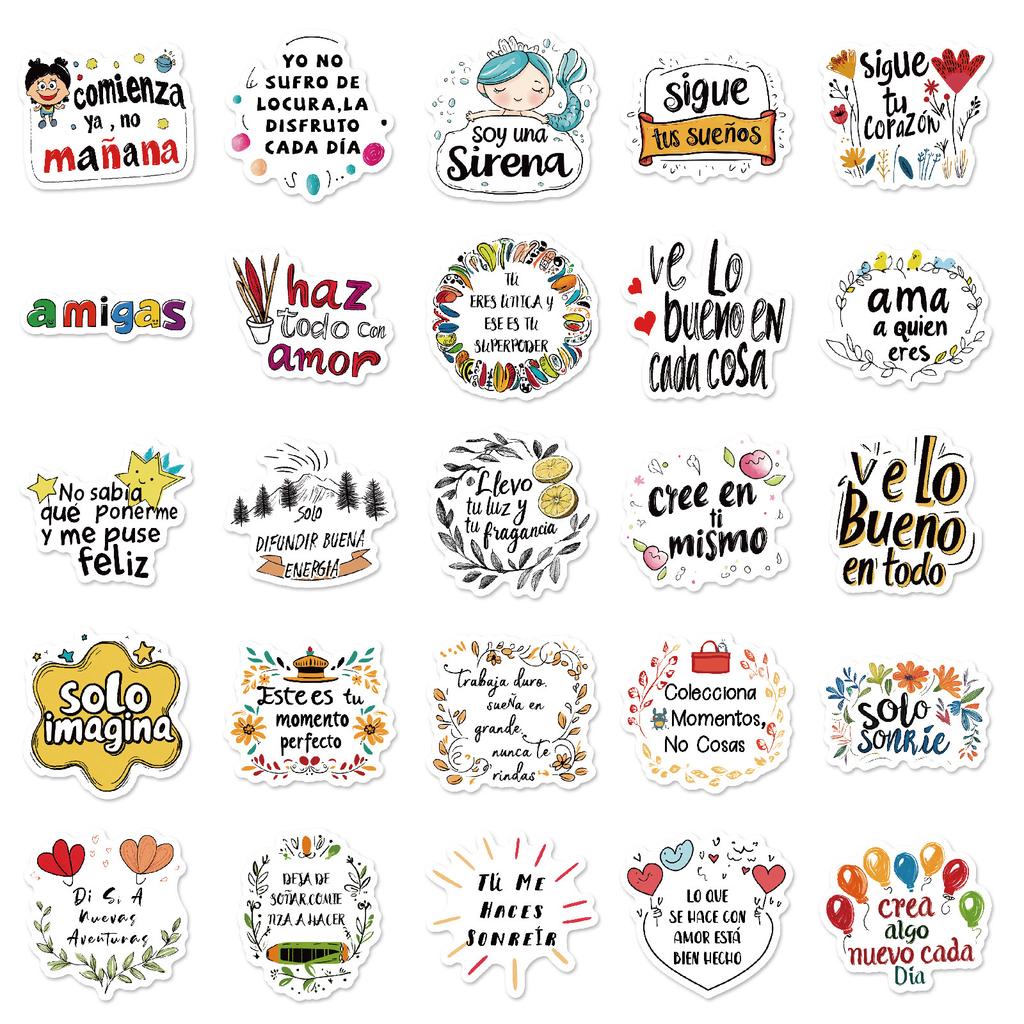 50 Non-Repeating Colored Spanish Inspirational Short Sentences Text Graffiti Stickers Personalized Decorative Stickers