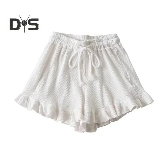 

Женские шорты из вафельного трикотажа с эластичной резинкой на талии, шорты с оборками, широкие струящиеся шорты, повседневный летний наряд для отдыха L белый