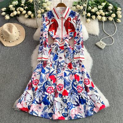 Spring Autumn Vintage Designer Print Runway Dress Women Fashion Full Sleeve Shirt Party Dresses