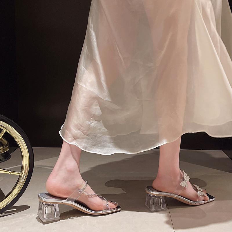 Fashion 2025 Summer Women's Transparent Strap Square Toe Sandals Bow & Chain Decor Chunky Crystal Heel Summer Casual Party Shoes