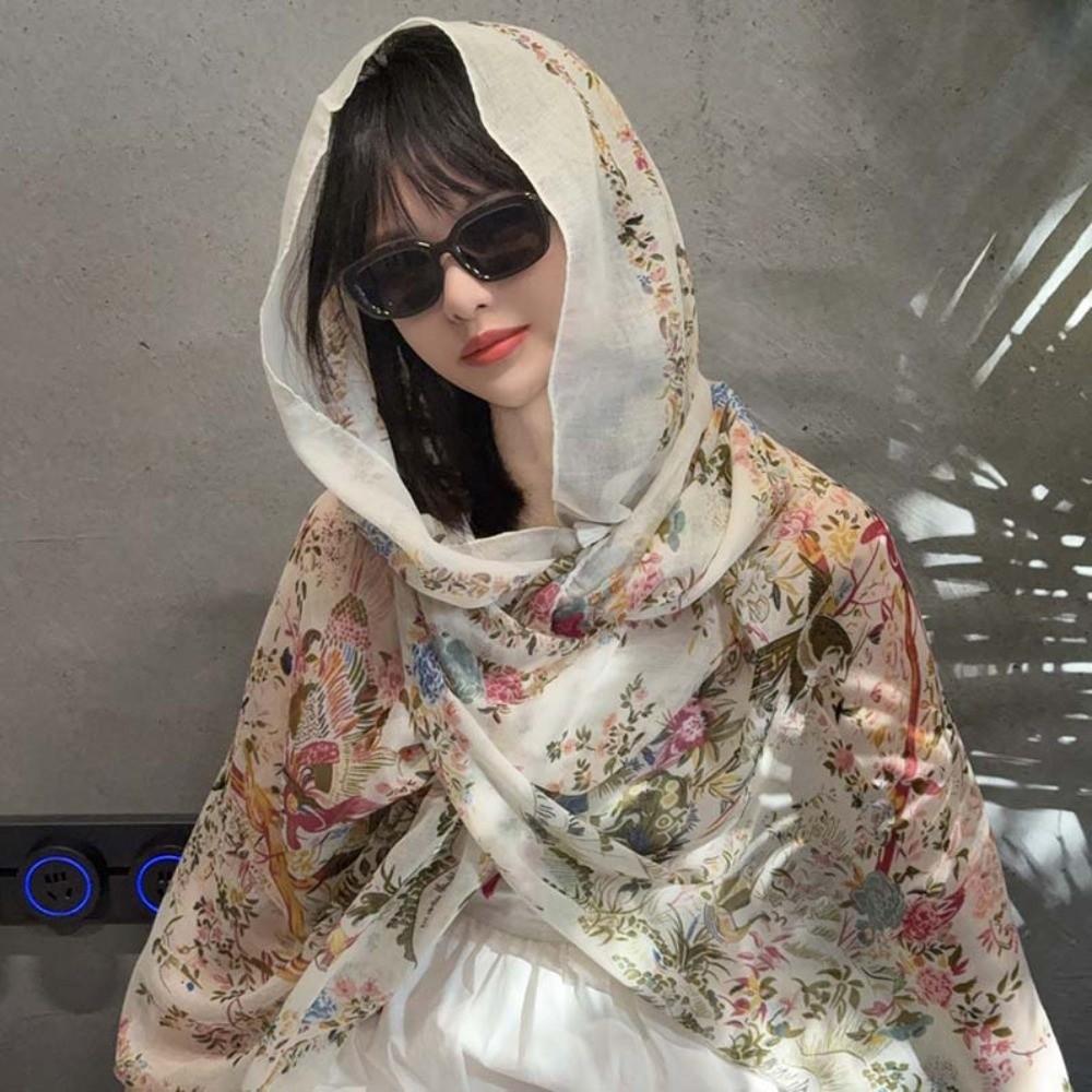 Tie-dye Women Floral Scarf Frog Button Sunscreen Headscarf Thin Large Shawl  Girls