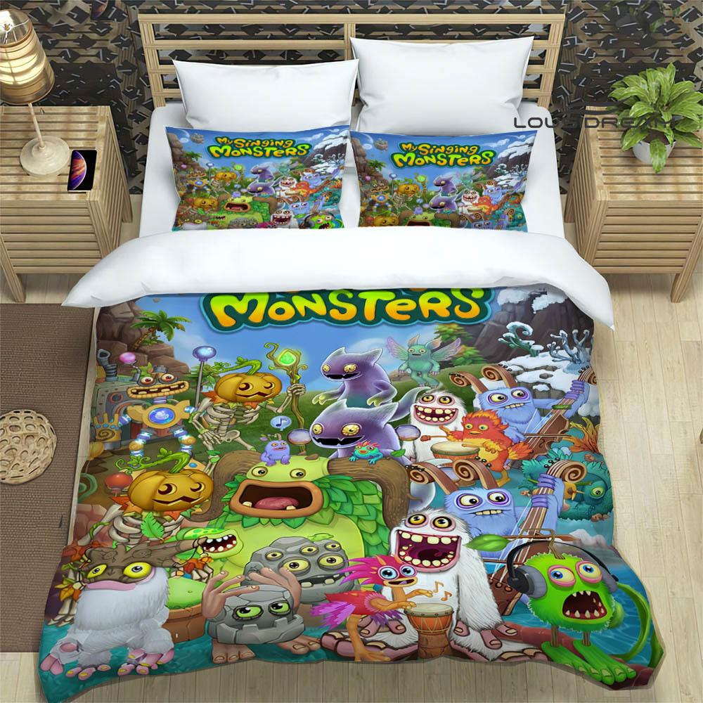 M-My Singing Monsters bedruckte Bettwäsche-Sets exquisites Bettwaren-Set Bettbezug Steppbett-Set Bettwäsche-Set Luxus-Geburtstagsgeschenk