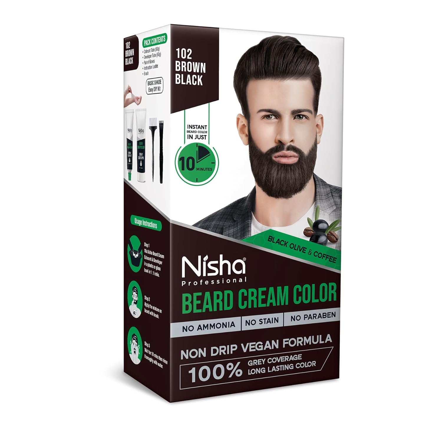 

Nisha Beard Colour For Men Brown Black 100% Grey Coverage Non-Drip Vegan Formula 60 g + 60 g Kit