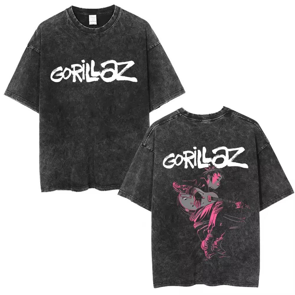 Washed Vintage Rock Band Gorillaz Album Graphic T-shirt Men's Women Hip Hop Fashion Oversized T Shirts Male Cotton Streetwear