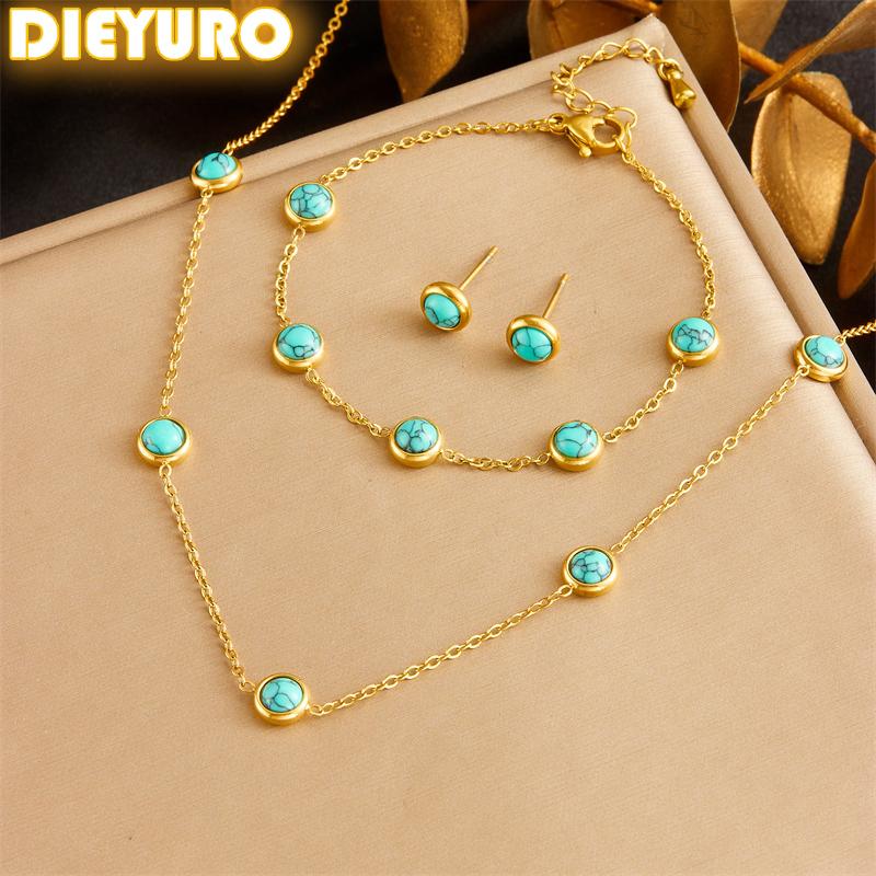 

DIEYURO 316L Stainless Steel Round Turquoise Necklace Bracelet Earrings Suit For Womens 2025 New TrendNon-fadingjewelry Set