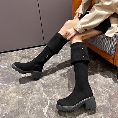 Shoes for Women 2024 Buckle Strap Women's Boots Retro Casual Knee-High Women's Boots Cotton Mouth Thick Bottom Shoes Ladies