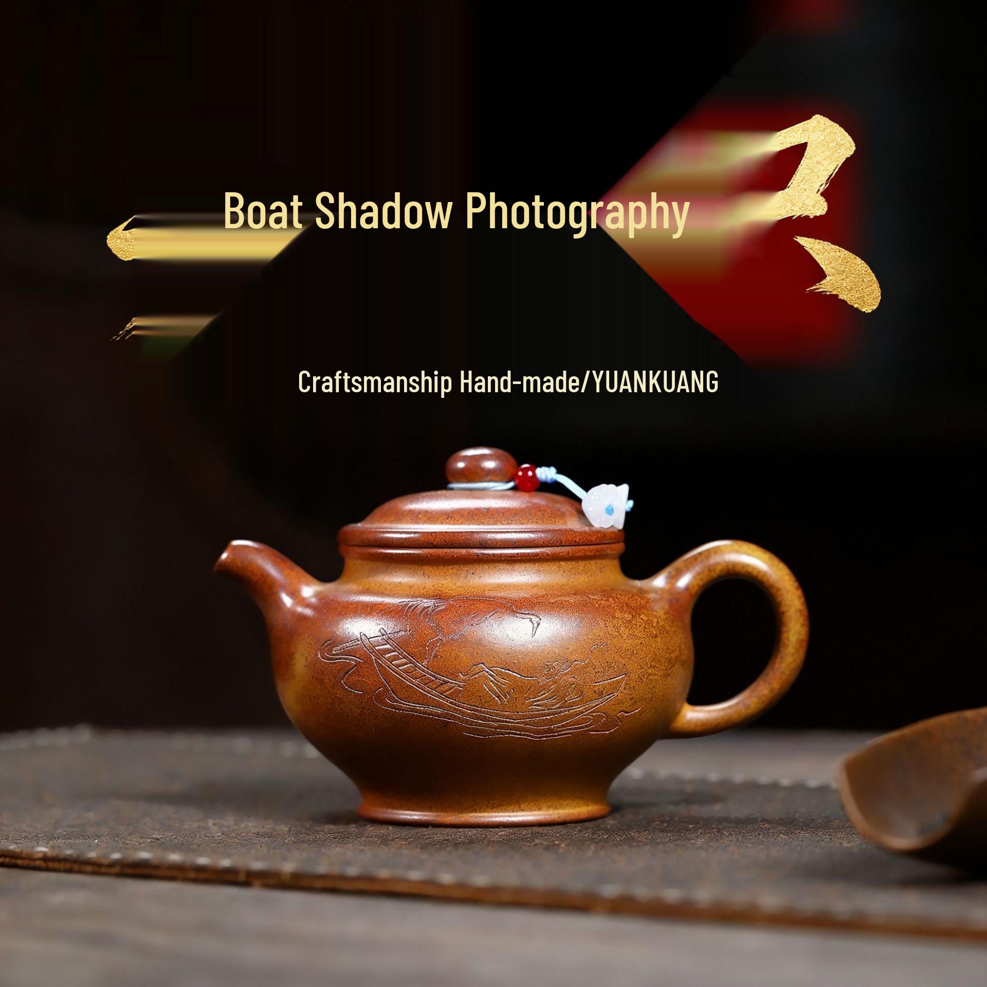 Handmade Golden Duan Ni Yixing Zisha Teapot and Carved Boat Shadow Tea Set 300CC