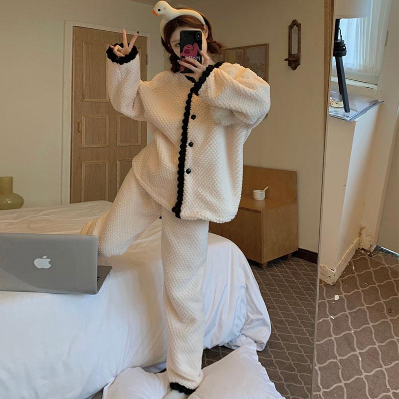 Ladies Pyjama Women Winter Flannel Pajama Set Fleece Pajamas Sleepwear Thick Warm Velvet Female Homewear Suit Cute Sweet Pijama
