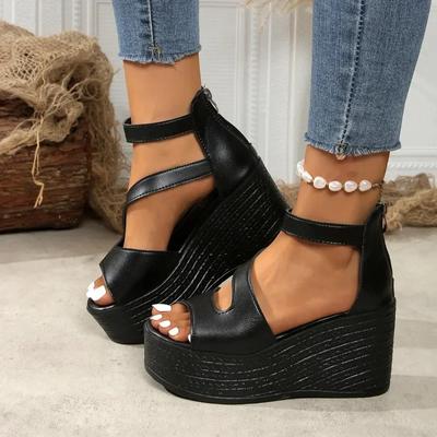 Damsandaler Mode Dragkedja Kilklack Hälomslutning 9cm Klack Höga Skor Kvinnor Fritid Klänning Koncis Enfärgad Sandalias De Mujer
