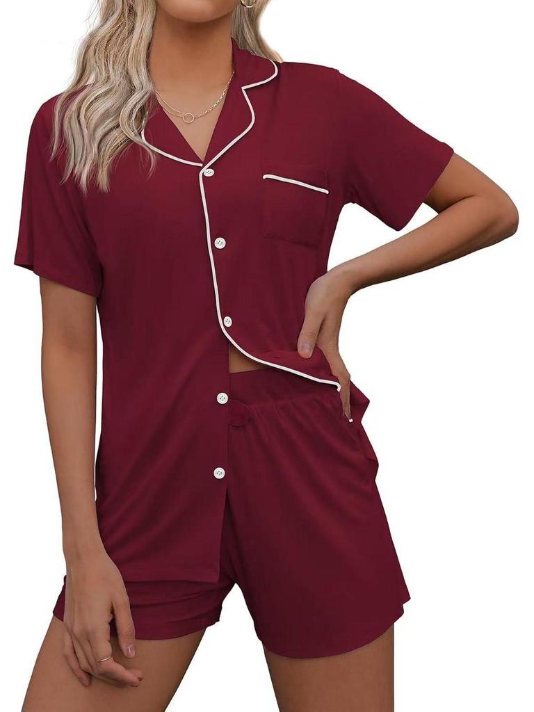 European & American Casual Lapel Women's Short Sleeve Cardigan Pajama Set with Shorts