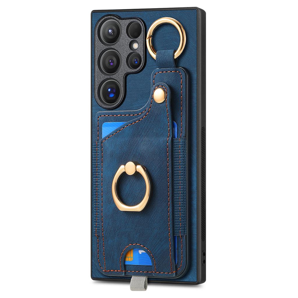 For Samsung Galaxy S25 Ultra Retro Leather Phone Back Cover with Card Slots and Ring Holder