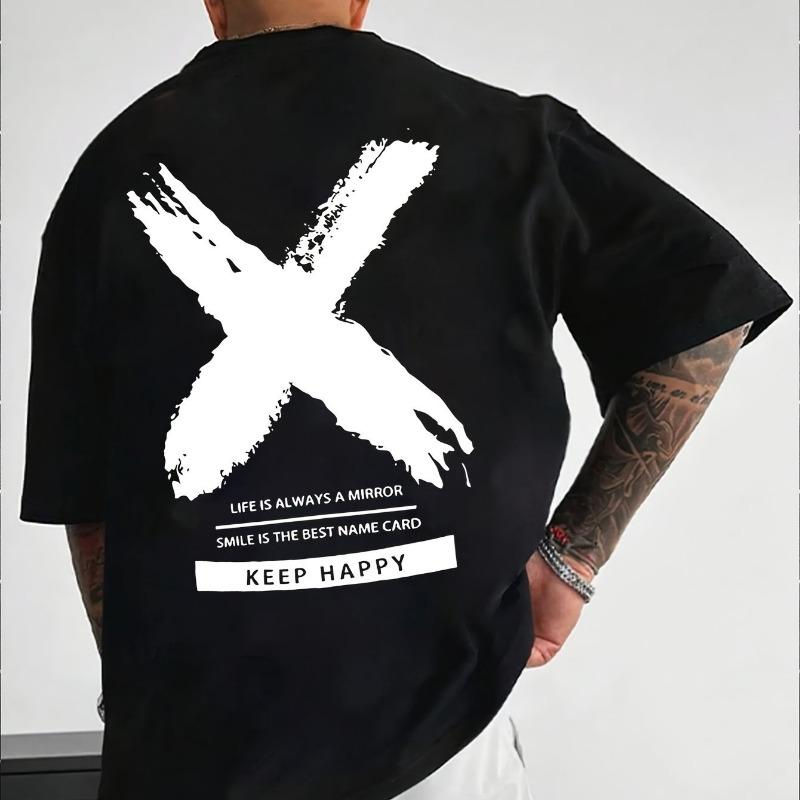 

Men s Stay Happy Graphic Print Crew Neck T-Shirt - Black Casual Summer Short Sleeve T-Shirt S