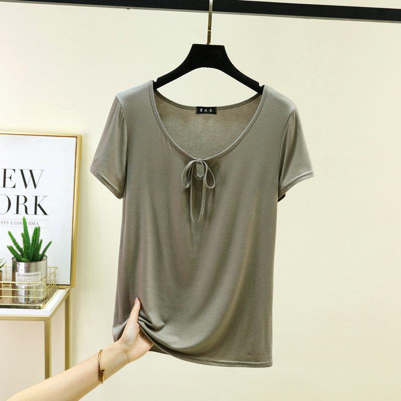 Korean Style Drawstring Modal Short Sleeve Tshirt Cute Slim Fit O Neck T-Shirt Lightweight & Soft Casual Tee Tops for Women Trendy Summer Basic Shirt