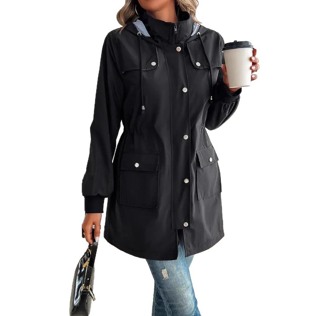 European and American Women's Clothing Elegant Casual Drawstring Waist Hooded Zipper Jacket Long Trench Coat