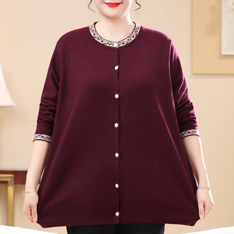 Plus Size Women Button Knit Cardigan for Elderly Ladies Round Neck Long Sleeve Casual Sweater Outerwear