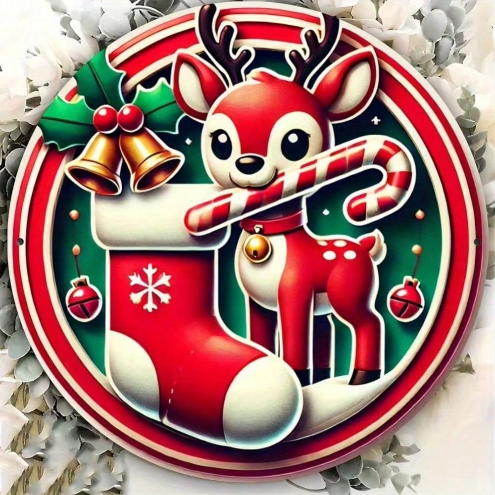 2D Flat Vintage Deer Metal Wall Art Round Christmas Sign with Candy Canes Bells Stocking Easy Home Decor