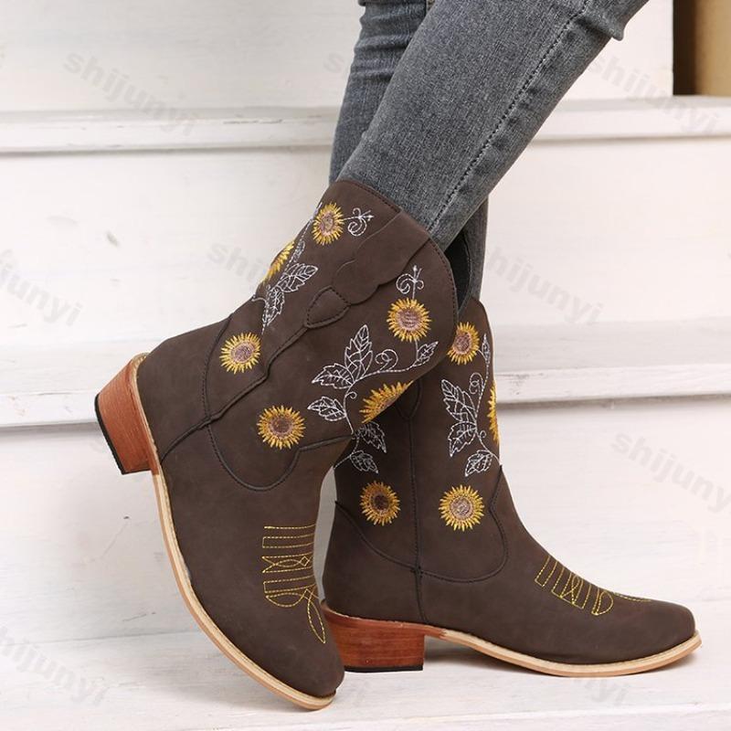 Fashion Women's Boots Autumn Winter PU Leather Printed Embroidered Boots Classic High-top Casual Women Shoes Ladies Boots Botas Mujer