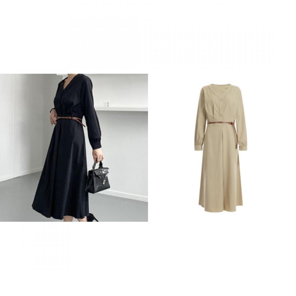 Shop   Women V Neck Button Pleats Simple Belted Long Dress Beige Cat Wdr 12096
