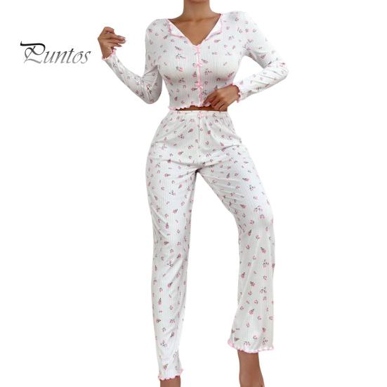 

2 шт./комплект осень-зима женская пижама костюм отложной воротник длинный рукав принт бант декор топ высокая талия брюки пижамы повседневная домашняя одежда одежда L белый