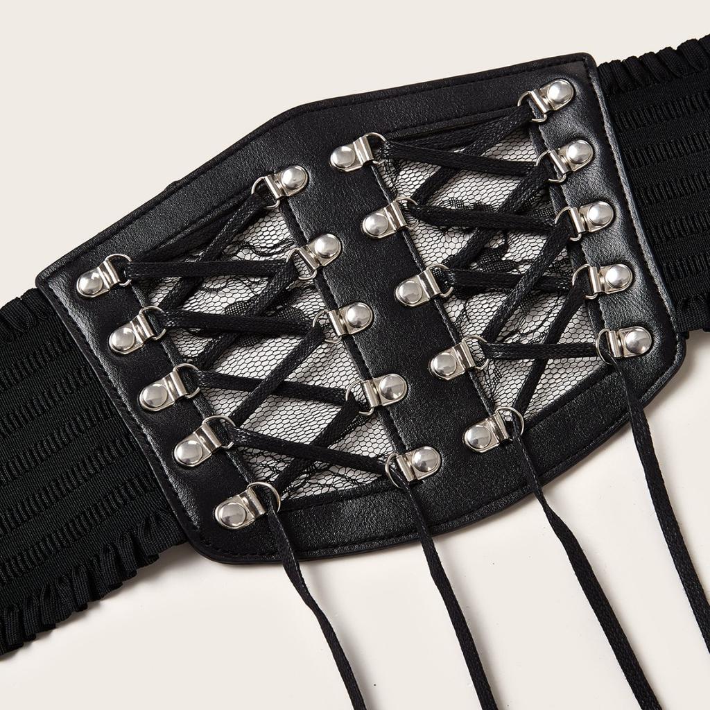 Lace Women'S Belt Wide Elastic Elastic Waist Decoration With Dress Shirt With Ruffle Edge Waist Seal Black