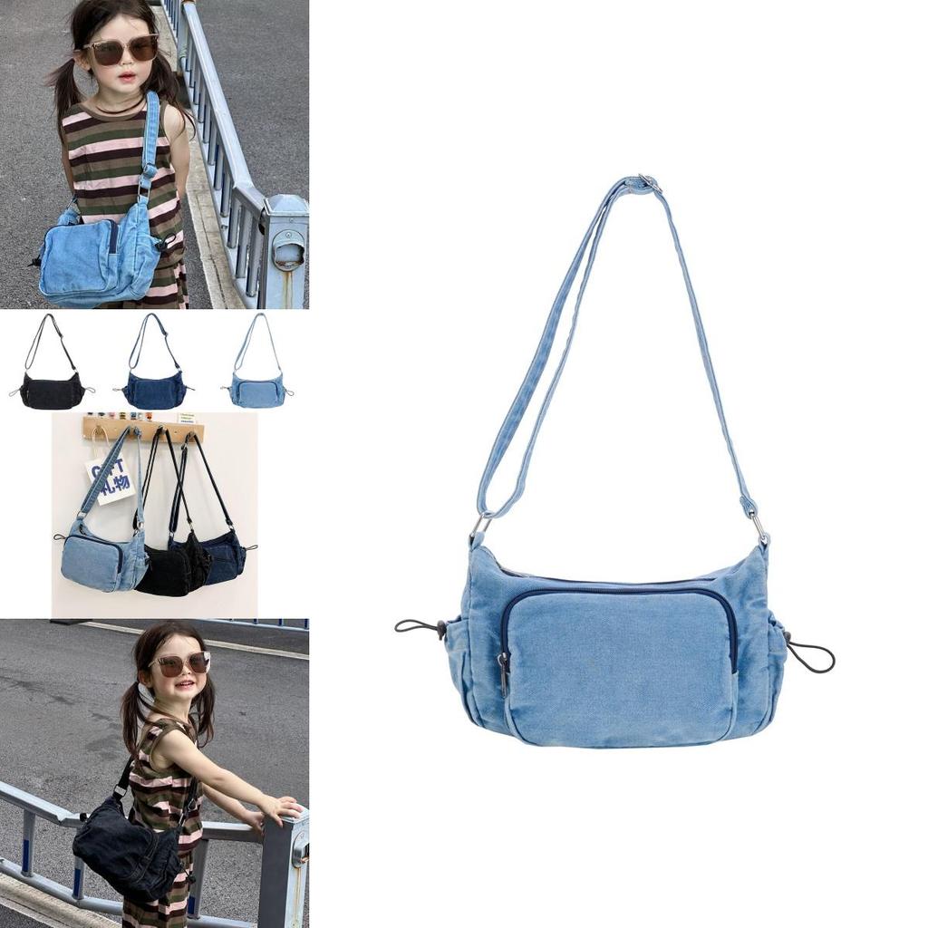 Stylish Korean Minimalist Denim Shoulder Bag For Kids In Blue Black And Dark Blue Colors