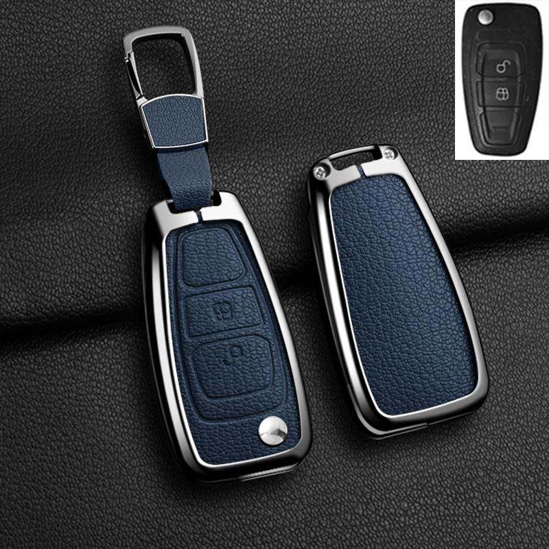 Alloy Genuine Leather Auto Flip Key Fob Cover Case Fit For Ford Fiesta Ranger C-Max S-Max Focus 3 4 Galaxy Mondeo Transit Tourneo Custom Mk4
