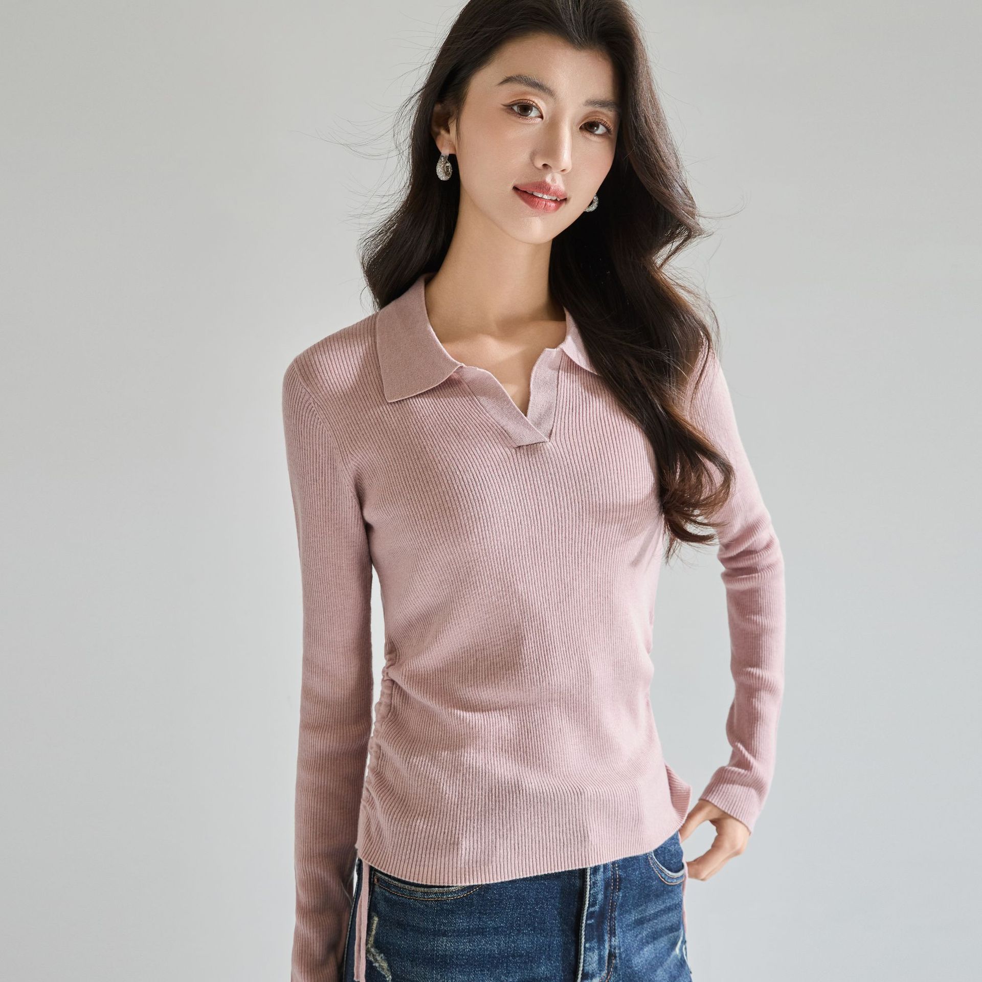 26 Spring New Pink Light Drawstring Small Waist Skinny Temperament Lapel Long Sleeve Knitted Top Sweater Women 22782 S
