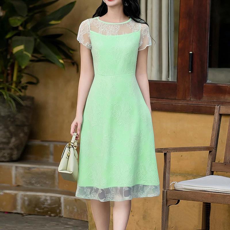 ZANZEA Women Casual Round Neck Summer Short Sleeve Lace Dress