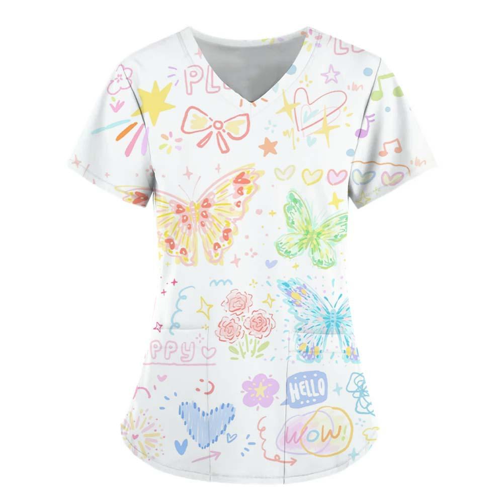 Women's T-shirt V-neck Nurse Uniform Commuting Comfortable Short Sleeved Butterfly Printed T-shirt for Women