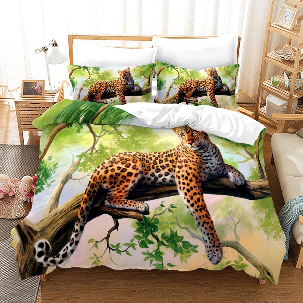 Leopard Duvet Cover Set King Size 3D Animal Print Bedding Set Wildlife Polyester Comforter Cover Set Red Rose For Kids Boys Girl