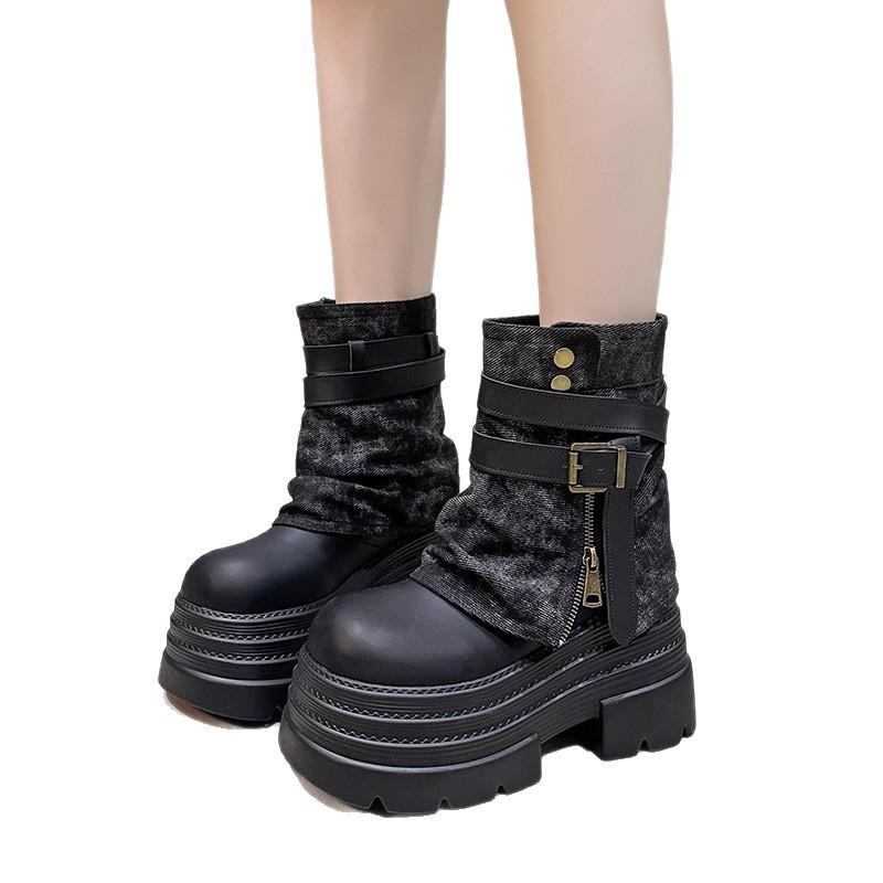 Spice Girl Style Belt Buckle Martin Boots Women's 2025 Autumn and Winter New Thick-soled Heightening Muffin Thin Fashion Trousers Short Boots