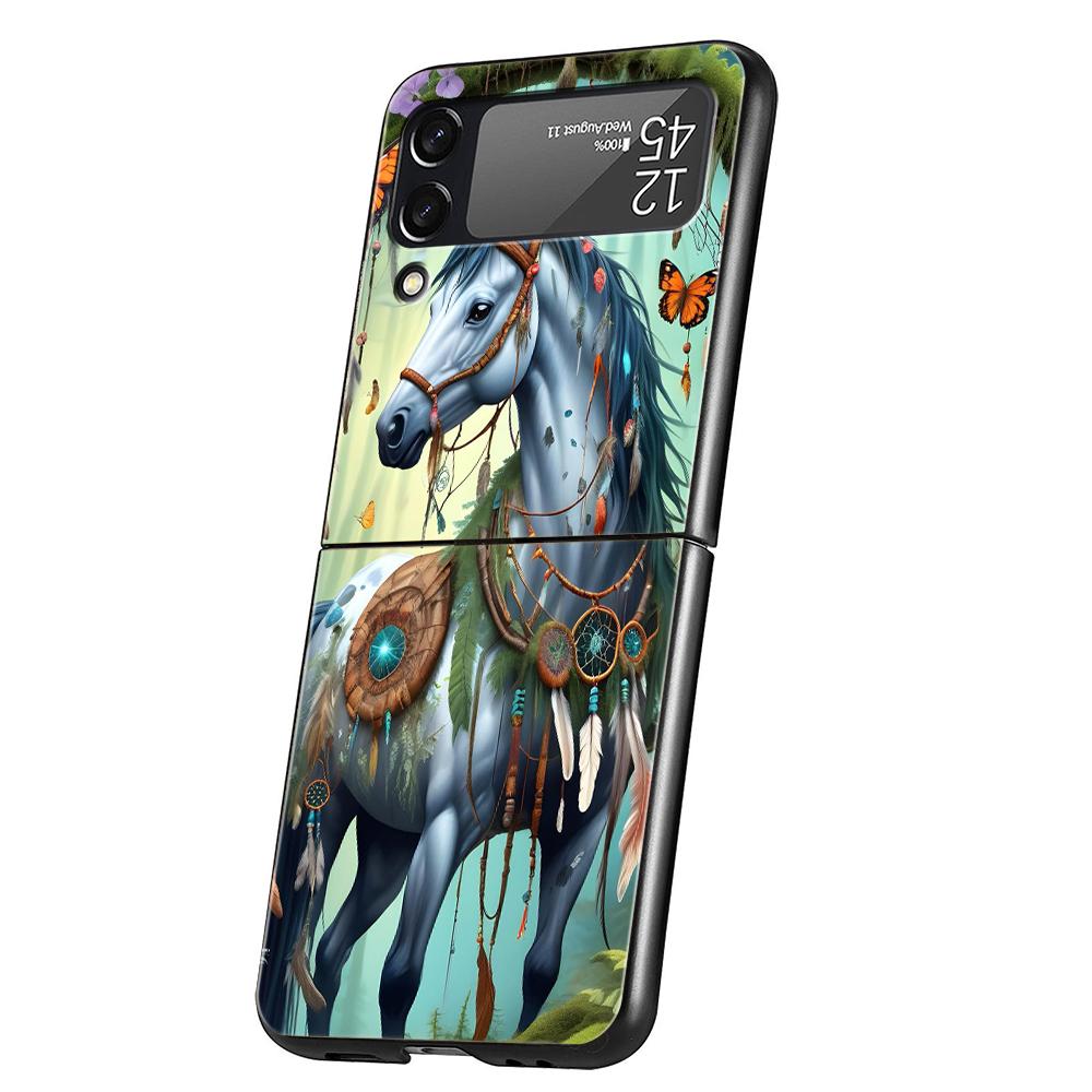 Hard PC Phone Case For Samsung Galaxy Z Flip 7/6/5/4 Black Cover For Galaxy Z Flip 3 Foldable Shockproof Capas Horse Animal Bags