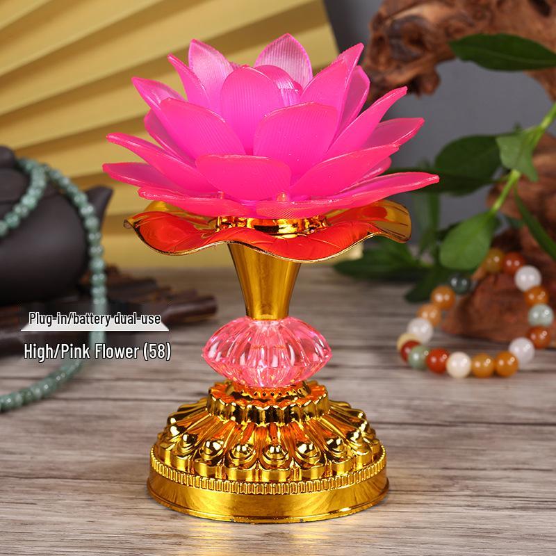 LED Seven-Color Lotus Lamp for Worship and Offering - Electronic Ever-Burning Buddhist Lamp for Guanyin and God of Wealth.