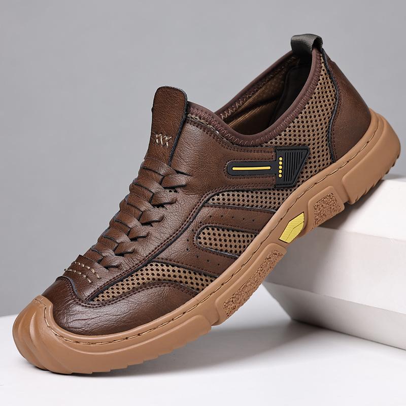 2025 Men's Spring and Summer New Leather Mesh Sports Casual Breathable Men's Shoes Hand-stitched Foot Shoes 0935